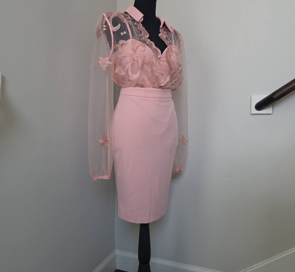 Elegant Pink Lace Sheer Sleeve Pencil Skirt Dress